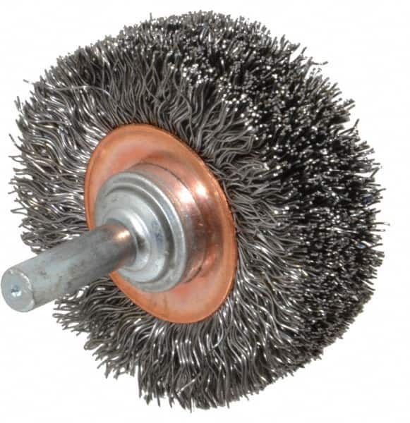 Weiler - 2" OD, 1/4" Shank Diam, Crimped Steel Wheel Brush - 3/4" Face Width, 7/16" Trim Length, 0.0118" Filament Diam, 20,000 RPM - Exact Tooling