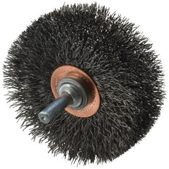 Weiler - 3" OD, 1/4" Shank Diam, Crimped Steel Wheel Brush - 1" Face Width, 15/16" Trim Length, 0.0118" Filament Diam, 20,000 RPM - Exact Tooling