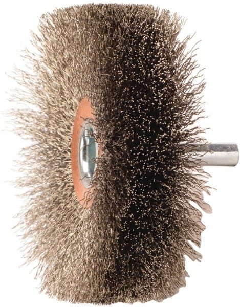 Weiler - 3" OD, 1/4" Shank Diam, Crimped Stainless Steel Wheel Brush - 1" Face Width, 15/16" Trim Length, 0.008" Filament Diam, 20,000 RPM - Exact Tooling