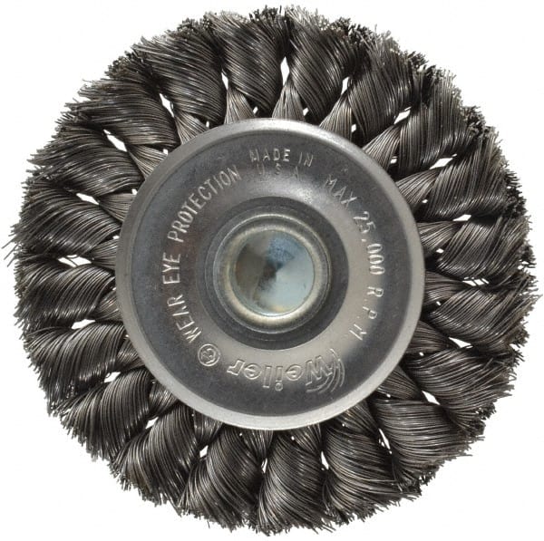 Weiler - 3-1/4" OD, 1/4" Shank Diam, Knotted Steel Wheel Brush - 3/8" Face Width, 5/8" Trim Length, 0.0118" Filament Diam, 25,000 RPM - Exact Tooling