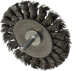 Weiler - 3-1/4" OD, 1/4" Shank Diam, Knotted Steel Wheel Brush - 3/8" Face Width, 5/8" Trim Length, 0.02" Filament Diam, 25,000 RPM - Exact Tooling