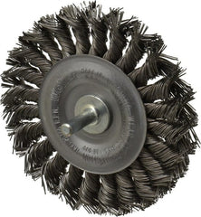 Weiler - 4" OD, 1/4" Shank Diam, Knotted Steel Wheel Brush - 1/2" Face Width, 7/8" Trim Length, 0.02" Filament Diam, 20,000 RPM - Exact Tooling