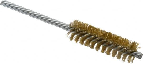 Weiler - 3/4" Diam Helical Brass Tube Brush - Double Spiral, 0.006" Filament Diam, 2-1/2" Brush Length, 5-1/2" OAL, 1/4" Diam Shank - Exact Tooling