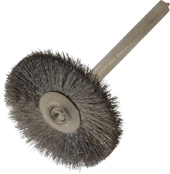 Weiler - 1" OD, 1/8" Shank Diam, Crimped Stainless Steel Wheel Brush - 5/16" Trim Length, 0.003" Filament Diam, 37,000 RPM - Exact Tooling