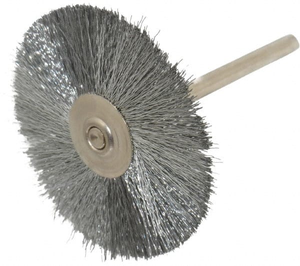 Weiler - 1-1/2" OD, 1/8" Shank Diam, Crimped Steel Wheel Brush - 1/2" Trim Length, 0.005" Filament Diam, 25,000 RPM - Exact Tooling