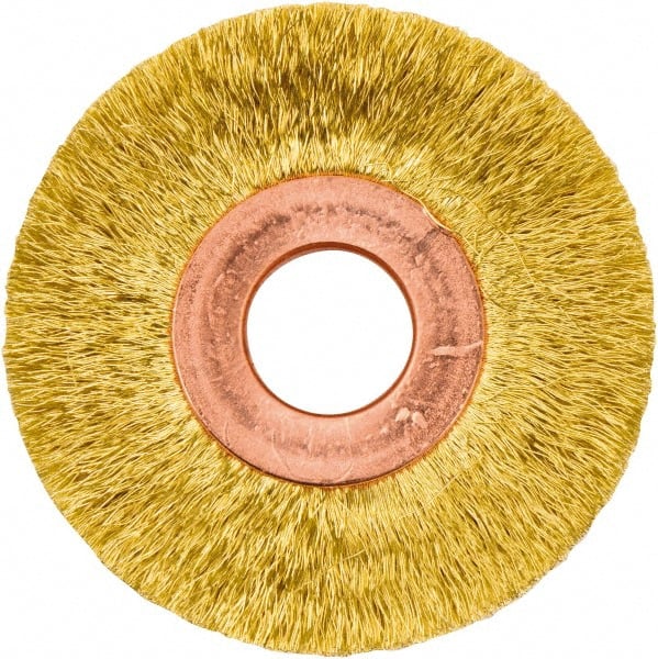 Weiler - 2" OD, 1/2" Arbor Hole, Crimped Brass Wheel Brush - 3/8" Face Width, 1/2" Trim Length, 0.005" Filament Diam, 20,000 RPM - Exact Tooling