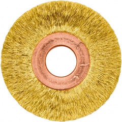 Weiler - 2" OD, 1/2" Arbor Hole, Crimped Brass Wheel Brush - 3/8" Face Width, 1/2" Trim Length, 0.005" Filament Diam, 20,000 RPM - Exact Tooling