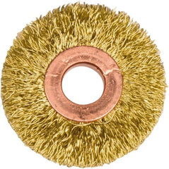 Weiler - 2" OD, 1/2" Arbor Hole, Crimped Brass Wheel Brush - 3/8" Face Width, 1/2" Trim Length, 0.0118" Filament Diam, 20,000 RPM - Exact Tooling