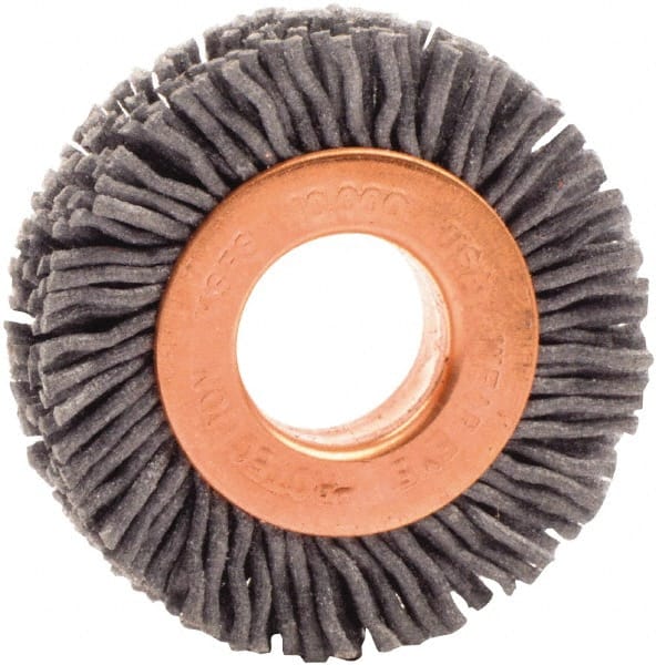Weiler - 1-1/2" OD, 1/2" Arbor Hole, Nylon Wheel Brush - 3/8" Face Width, 1/4" Trim Length, 0.035" Filament Diam, 10,000 RPM - Exact Tooling