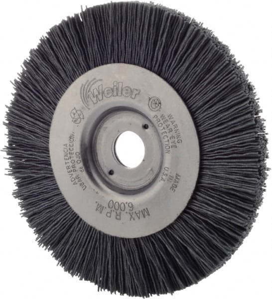Weiler - 4" OD, 1/2" Arbor Hole, Nylon Wheel Brush - 1/2" Face Width, 7/8" Trim Length, 0.022" Filament Diam, 6,000 RPM - Exact Tooling