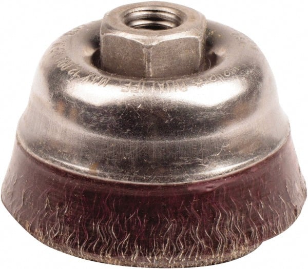 Weiler - 3-1/2" Diam, 5/8-11 Threaded Arbor, Steel Fill Cup Brush - 0.014 Wire Diam, 7/8" Trim Length, 12,000 Max RPM - Exact Tooling