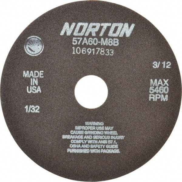 Norton - 7" 60 Grit Aluminum Oxide Cutoff Wheel - 1/32" Thick, 1-1/4" Arbor, 5,460 Max RPM, Use with Stationary Grinders - Exact Tooling