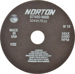 Norton - 7" 60 Grit Aluminum Oxide Cutoff Wheel - 1/32" Thick, 1-1/4" Arbor, 5,460 Max RPM, Use with Stationary Grinders - Exact Tooling