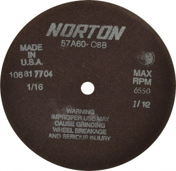 Norton - 7" 60 Grit Aluminum Oxide Cutoff Wheel - 1/16" Thick, 1/2" Arbor, 6,550 Max RPM, Use with Stationary Grinders - Exact Tooling