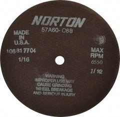 Norton - 7" 60 Grit Aluminum Oxide Cutoff Wheel - 1/16" Thick, 1/2" Arbor, 6,550 Max RPM, Use with Stationary Grinders - Exact Tooling