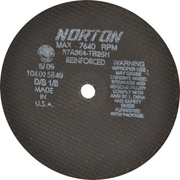 Norton - 8" 36 Grit Aluminum Oxide Cutoff Wheel - 1/8" Thick, 5/8" Arbor, 7,640 Max RPM, Use with Circular Saws - Exact Tooling