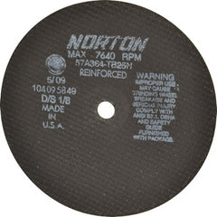 Norton - 8" 36 Grit Aluminum Oxide Cutoff Wheel - 1/8" Thick, 5/8" Arbor, 7,640 Max RPM, Use with Circular Saws - Exact Tooling
