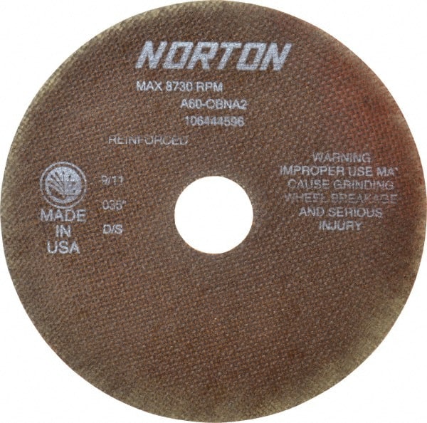 Norton - 7" 60 Grit Aluminum Oxide Cutoff Wheel - 0.035" Thick, 1-1/4" Arbor, 8,730 Max RPM, Use with Stationary Grinders - Exact Tooling