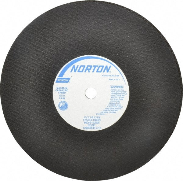 Norton - 10" 24 Grit Aluminum Oxide Cutoff Wheel - 1/8" Thick, 5/8" Arbor, 6,110 Max RPM, Use with Stationary Tools - Exact Tooling