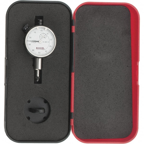 SPI - 1/4" Range, 0-50-0 Dial Reading, 0.001" Graduation Dial Drop Indicator - 1-1/2" Dial, 0.1" Range per Revolution, Revolution Counter, Includes NPL Traceability Certification - Exact Tooling