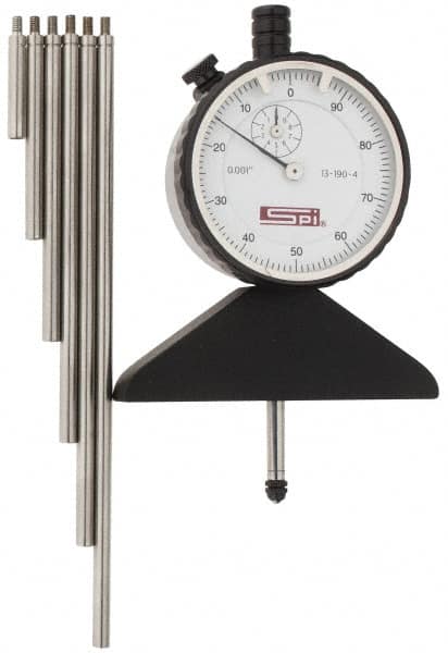 SPI - 0 to 22 Inch Range, Steel, White Dial Depth Gage - 0.001 Inch Graduation, 0.001 Inch Accuracy, 1 Inch Travel, 3.2 Inch Base Measuring Length - Exact Tooling