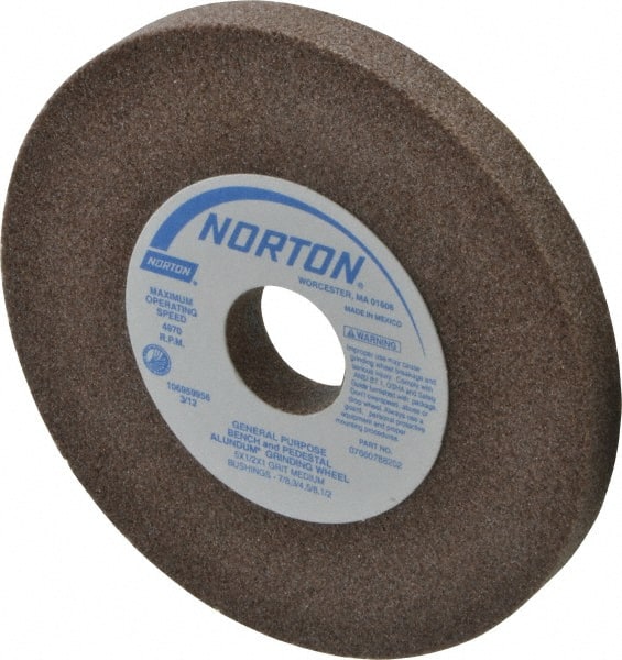Norton - 60/80 Grit Aluminum Oxide Bench & Pedestal Grinding Wheel - 5" Diam x 1" Hole x 1/2" Thick, 4970 Max RPM, Medium Grade - Exact Tooling