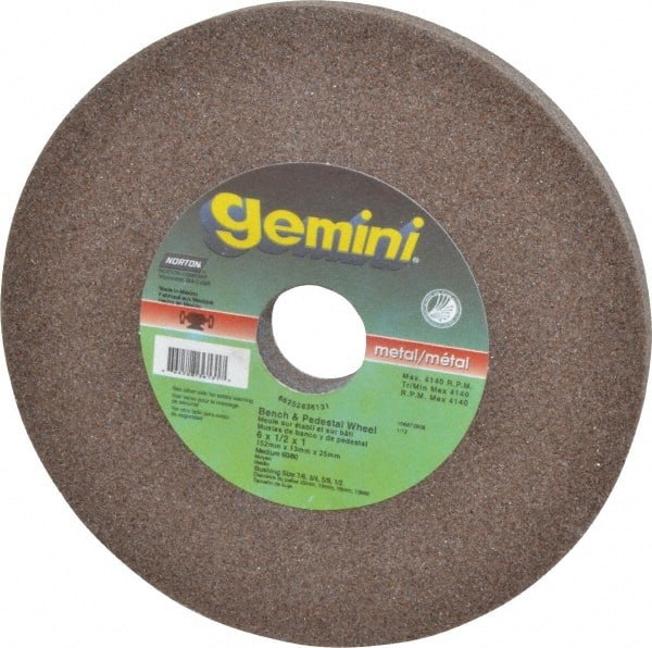 Norton - 60/80 Grit Aluminum Oxide Bench & Pedestal Grinding Wheel - 6" Diam x 1" Hole x 1/2" Thick, 6210 Max RPM, Medium Grade - Exact Tooling