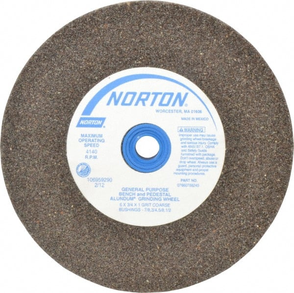 Norton - 36 Grit Aluminum Oxide Bench & Pedestal Grinding Wheel - 6" Diam x 1" Hole x 3/4" Thick, 4140 Max RPM, Very Coarse/Coarse Grade - Exact Tooling
