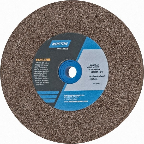 Norton - 60/80 Grit Aluminum Oxide Bench & Pedestal Grinding Wheel - 6" Diam x 1" Hole x 3/4" Thick, 4140 Max RPM, Medium Grade - Exact Tooling