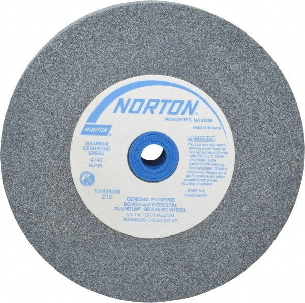 Norton - 60 Grit Aluminum Oxide Bench & Pedestal Grinding Wheel - 6" Diam x 1" Hole x 1" Thick, 4140 Max RPM, Medium Grade - Exact Tooling