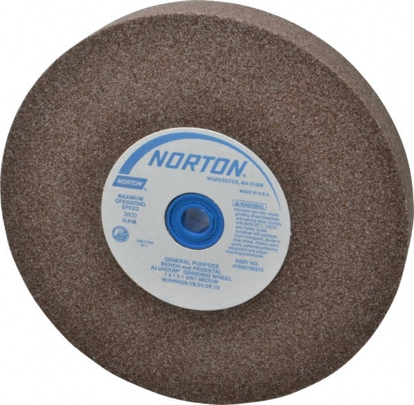 Norton - 60/80 Grit Aluminum Oxide Bench & Pedestal Grinding Wheel - 7" Diam x 1" Hole x 1" Thick, 3600 Max RPM, Medium Grade - Exact Tooling