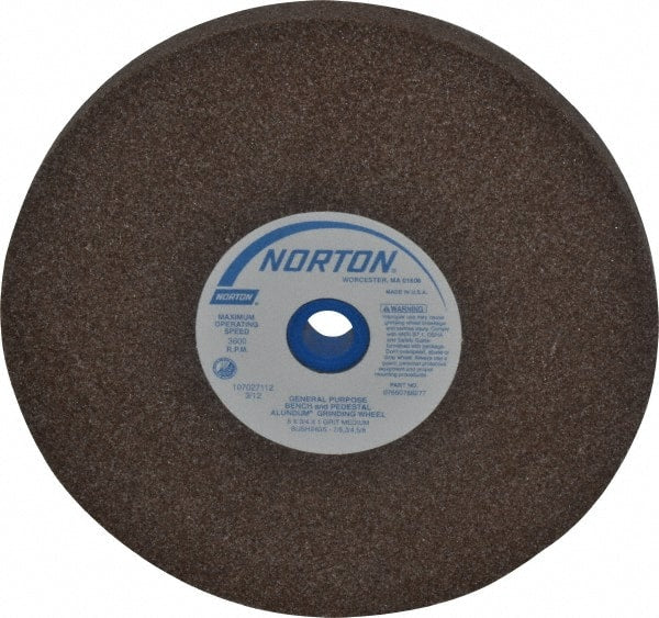 Norton - 60/80 Grit Aluminum Oxide Bench & Pedestal Grinding Wheel - 8" Diam x 1" Hole x 3/4" Thick, 3600 Max RPM, Medium Grade - Exact Tooling