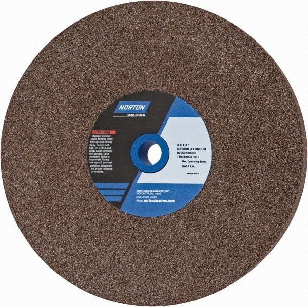 Norton - 60/80 Grit Aluminum Oxide Bench & Pedestal Grinding Wheel - 8" Diam x 1" Hole x 1" Thick, 3600 Max RPM, Medium Grade - Exact Tooling