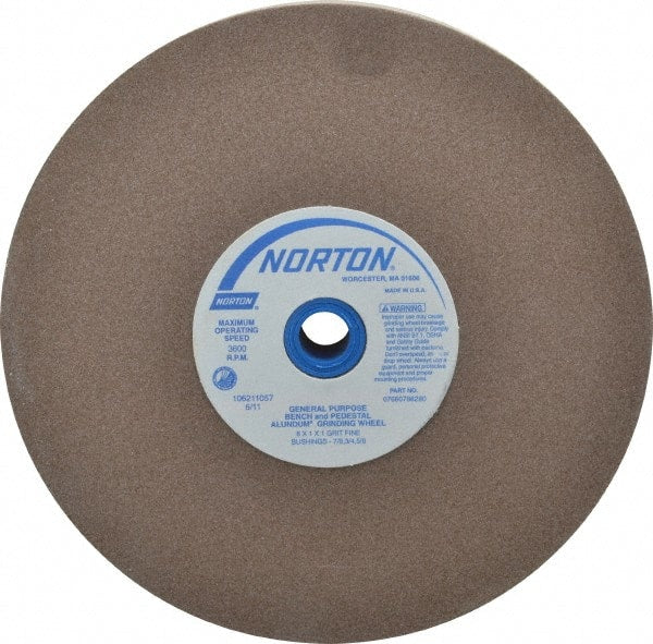 Norton - 100 Grit Aluminum Oxide Bench & Pedestal Grinding Wheel - 8" Diam x 1" Hole x 1" Thick, 3600 Max RPM, Fine Grade - Exact Tooling