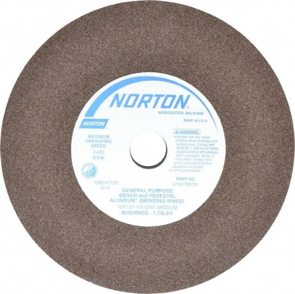 Norton - 60/80 Grit Aluminum Oxide Bench & Pedestal Grinding Wheel - 10" Diam x 1-1/4" Hole x 1" Thick, 2485 Max RPM, Medium Grade - Exact Tooling
