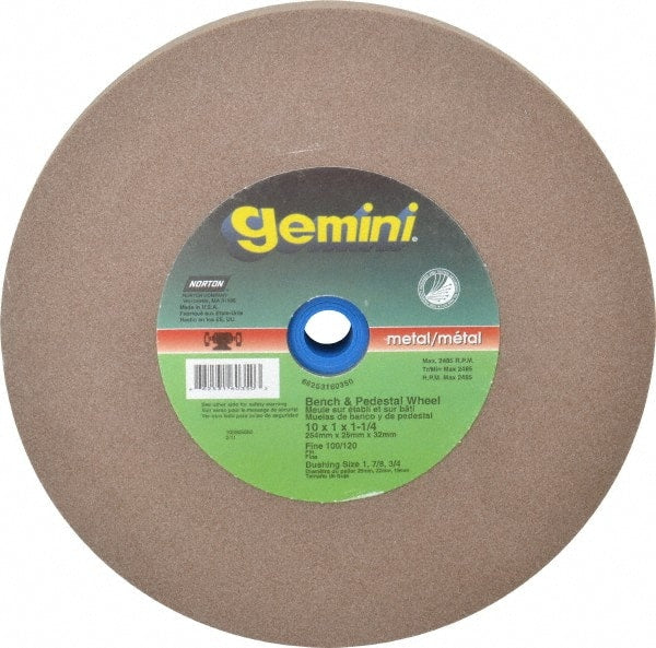 Norton - 100 Grit Aluminum Oxide Bench & Pedestal Grinding Wheel - 10" Diam x 1-1/4" Hole x 1" Thick, 2485 Max RPM, Fine Grade - Exact Tooling