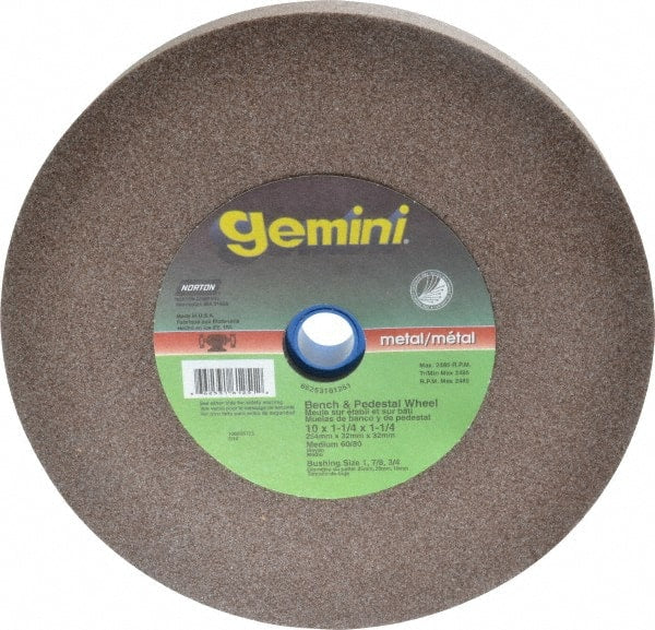 Norton - 60/80 Grit Aluminum Oxide Bench & Pedestal Grinding Wheel - 10" Diam x 1-1/4" Hole x 1-1/4" Thick, 2485 Max RPM, Medium Grade - Exact Tooling