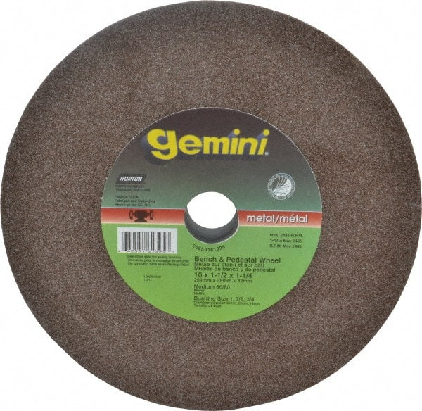 Norton - 60 Grit Aluminum Oxide Bench & Pedestal Grinding Wheel - 10" Diam x 1-1/4" Hole x 1-1/2" Thick, 2485 Max RPM, Medium Grade - Exact Tooling