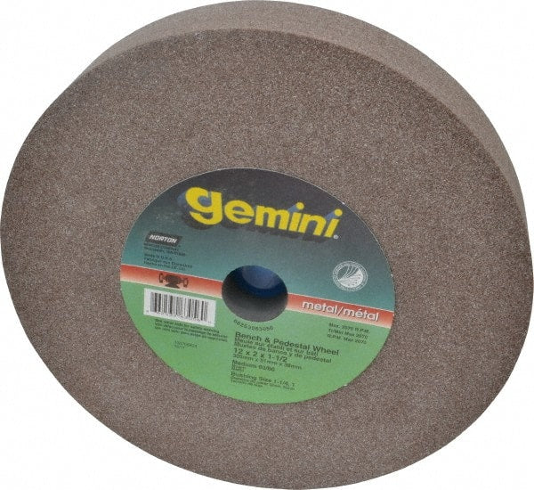 Norton - 60/80 Grit Aluminum Oxide Bench & Pedestal Grinding Wheel - 12" Diam x 1-1/2" Hole x 2" Thick, 2070 Max RPM, Medium Grade - Exact Tooling