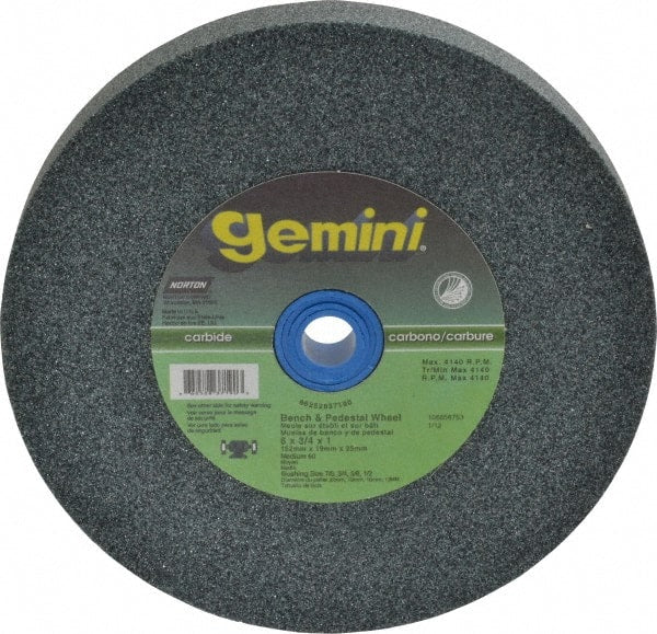 Norton - 60 Grit Silicon Carbide Bench & Pedestal Grinding Wheel - 6" Diam x 1" Hole x 3/4" Thick, 4140 Max RPM, Medium Grade - Exact Tooling