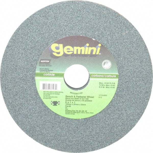 Norton - 80 Grit Silicon Carbide Bench & Pedestal Grinding Wheel - 6" Diam x 1" Hole x 1" Thick, 4140 Max RPM, Medium Grade - Exact Tooling