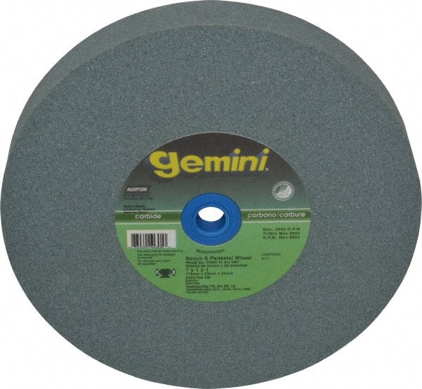 Norton - 120 Grit Silicon Carbide Bench & Pedestal Grinding Wheel - 7" Diam x 1" Hole x 1" Thick, 3600 Max RPM, Fine Grade - Exact Tooling