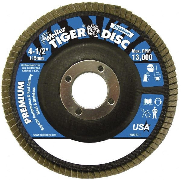 Weiler - 24 Grit, 4-1/2" Disc Diam, 7/8" Center Hole, Type 29 Zirconia Alumina Flap Disc - 13,000 Max RPM, Phenolic Backing, Quick Change Type S Attaching System, Coated - Exact Tooling