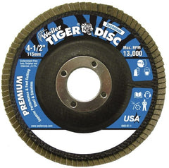 Weiler - 24 Grit, 4-1/2" Disc Diam, 7/8" Center Hole, Type 29 Zirconia Alumina Flap Disc - 13,000 Max RPM, Phenolic Backing, Quick Change Type S Attaching System, Coated - Exact Tooling