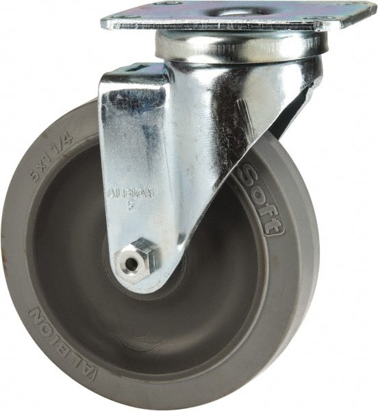 Albion - 5" Diam x 1-1/4" Wide x 6-3/16" OAH Top Plate Mount Swivel Caster - Rubber, 325 Lb Capacity, Delrin Bearing, 2-1/2 x 3-5/8" Plate - Exact Tooling