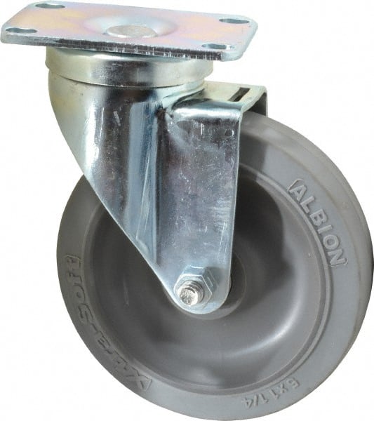 Albion - 5" Diam x 1-1/4" Wide x 6-3/16" OAH Top Plate Mount Swivel Caster - Rubber, 325 Lb Capacity, Ball Bearing, 2-1/2 x 3-5/8" Plate - Exact Tooling