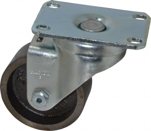 Albion - 3" Diam x 1-1/4" Wide x 4-1/4" OAH Top Plate Mount Swivel Caster - Cast Iron, 300 Lb Capacity, Plain Bearing, 2-1/2 x 3-5/8" Plate - Exact Tooling