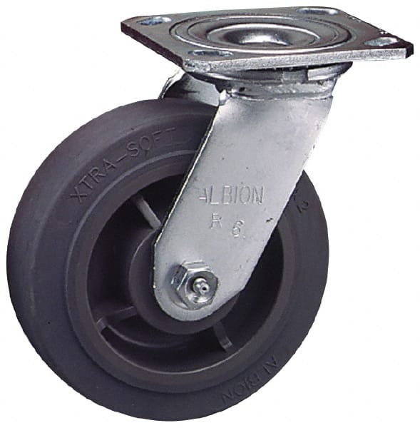 Albion - 4" Diam x 2" Wide x 5-5/8" OAH Top Plate Mount Rigid Caster - Soft Rubber, 300 Lb Capacity, Roller Bearing, 4 x 4-1/2" Plate - Exact Tooling