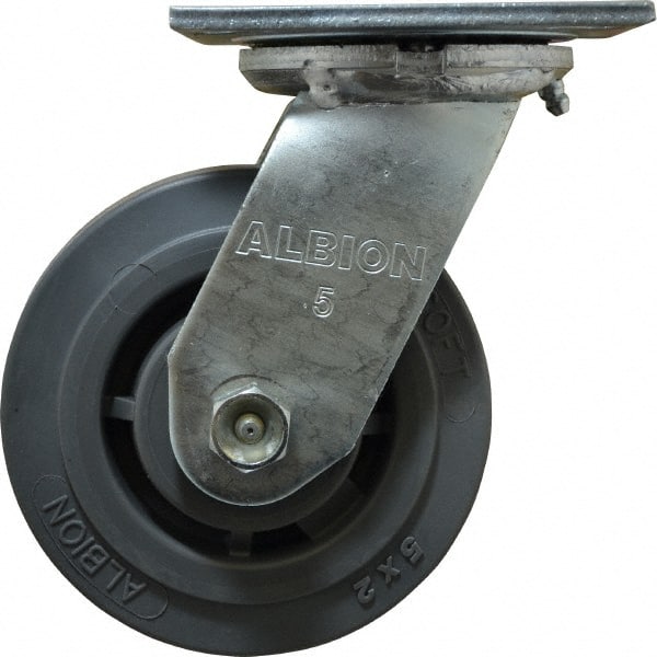 Albion - 5" Diam x 2" Wide x 6-1/2" OAH Top Plate Mount Swivel Caster - Soft Rubber, 350 Lb Capacity, Roller Bearing, 4 x 4-1/2" Plate - Exact Tooling