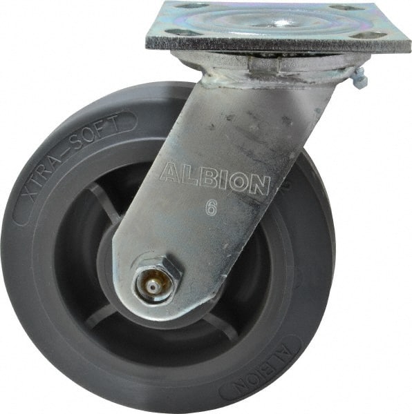 Albion - 6" Diam x 2" Wide x 7-1/4" OAH Top Plate Mount Swivel Caster - Soft Rubber, 600 Lb Capacity, Roller Bearing, 4 x 4-1/2" Plate - Exact Tooling